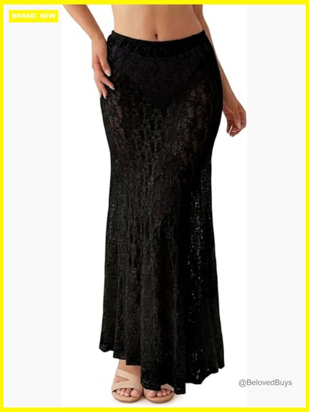Sheer Lace Maxi Skirt High Waist A-Line Flowy Beach Cover Up Summer